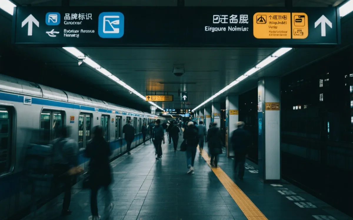 决赛日地铁站与人流动线示意，夜景，秩序与氛围并存